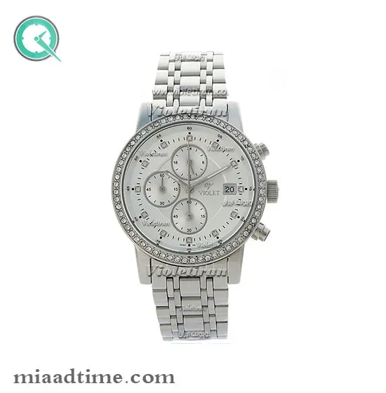 ساعت ویولت Violet زنانه کرنوگراف گرد دور نگین فلزی استیل صفحه سفید مدل 0376L ساعت ویولت زنانه